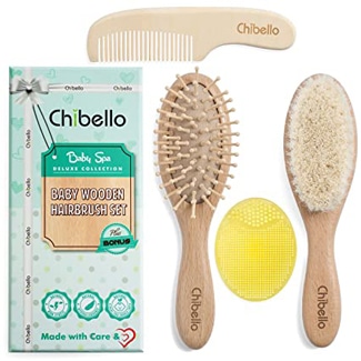 Chibello 4 Piece Wooden Baby Hair Brush And Comb Set