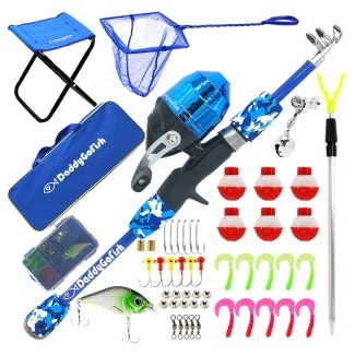 DaddyGoFish Fishing Pole with Collapsible Chair, Rod Holder, Tackle Box, Bait Net and Carry Bag