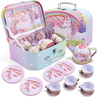 JOYIN Unicorn Castle Pretend Tin Teapot Set for Tea Party and Kids Kitchen Pretend Play