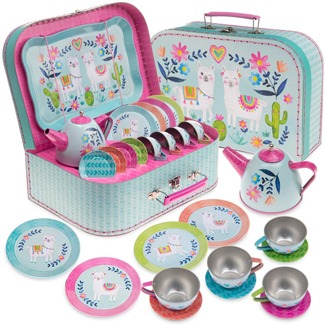 Jewelkeeper 15 Piece Kids Pretend Toy Tin Tea Set & Carry Case