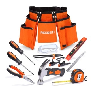 REXBETI 15pcs Young Builder's Tool Set with Real Hand Tools, Reinforced Kids Tool Belt