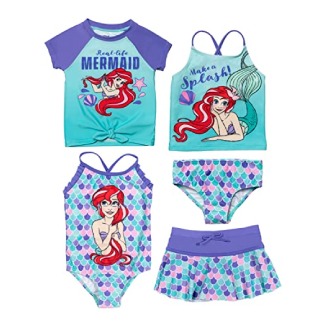 Disney Little Mermaid 5 Piece Swim Set: Rash Guard One-Piece Tankini Bottom Skirt
